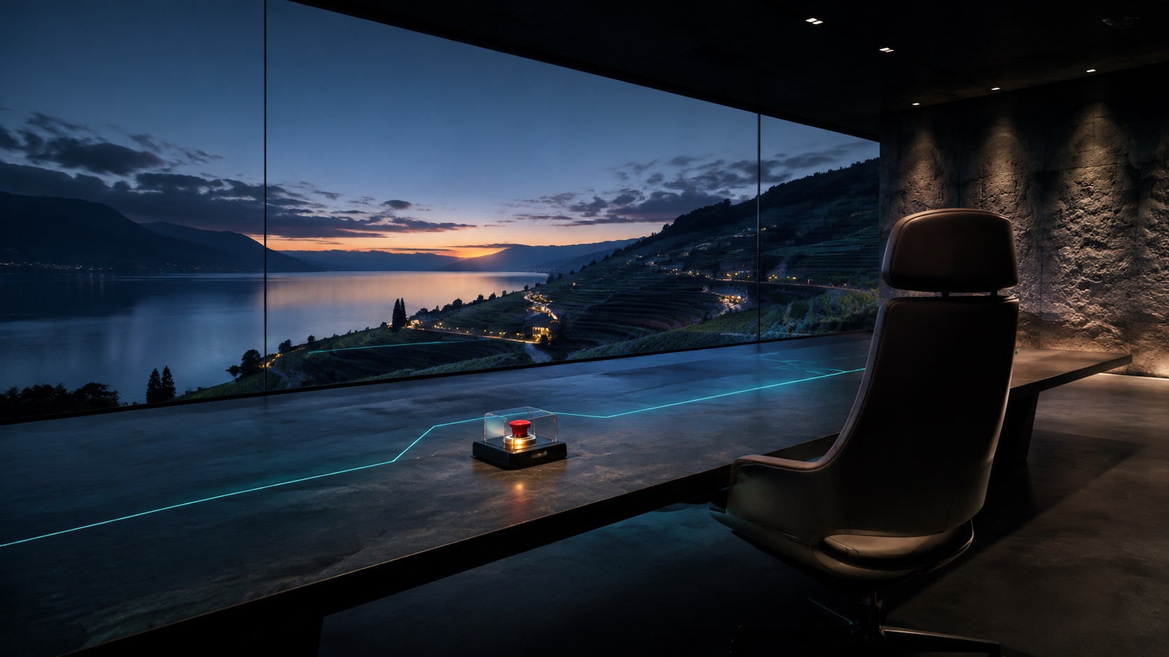 AI-generated conceptual scene of an empty executive chair and guarded stop switch overlooking a synthetic lakeside landscape at dawn.