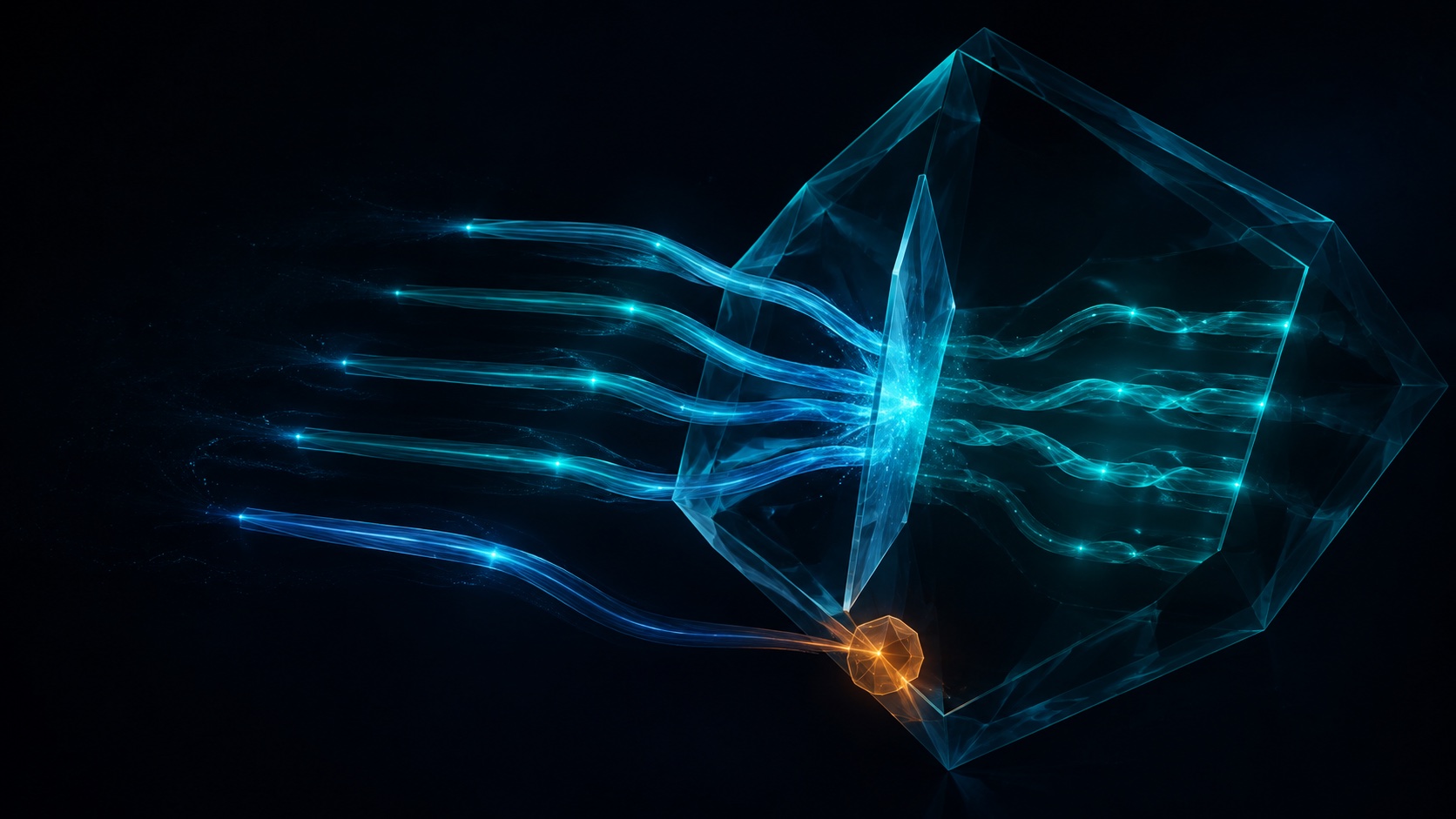 Abstract conceptual artwork: six luminous streams enter a transparent mandate boundary while one branch stops at an amber safety node.